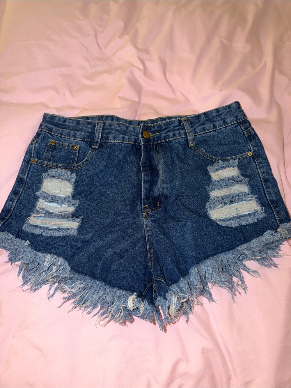 SHEIN High-Rise Distressed Frayed Hem Denim Shorts - Blue, Sise L Never Worn